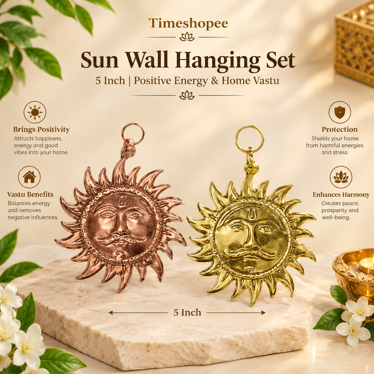A pure brass wall hanging sun, symbolizing strength and positivity, available in small (5 inch) and big (7 inch) sizes to protect from Vaastu Dosh and Shani Dosh.