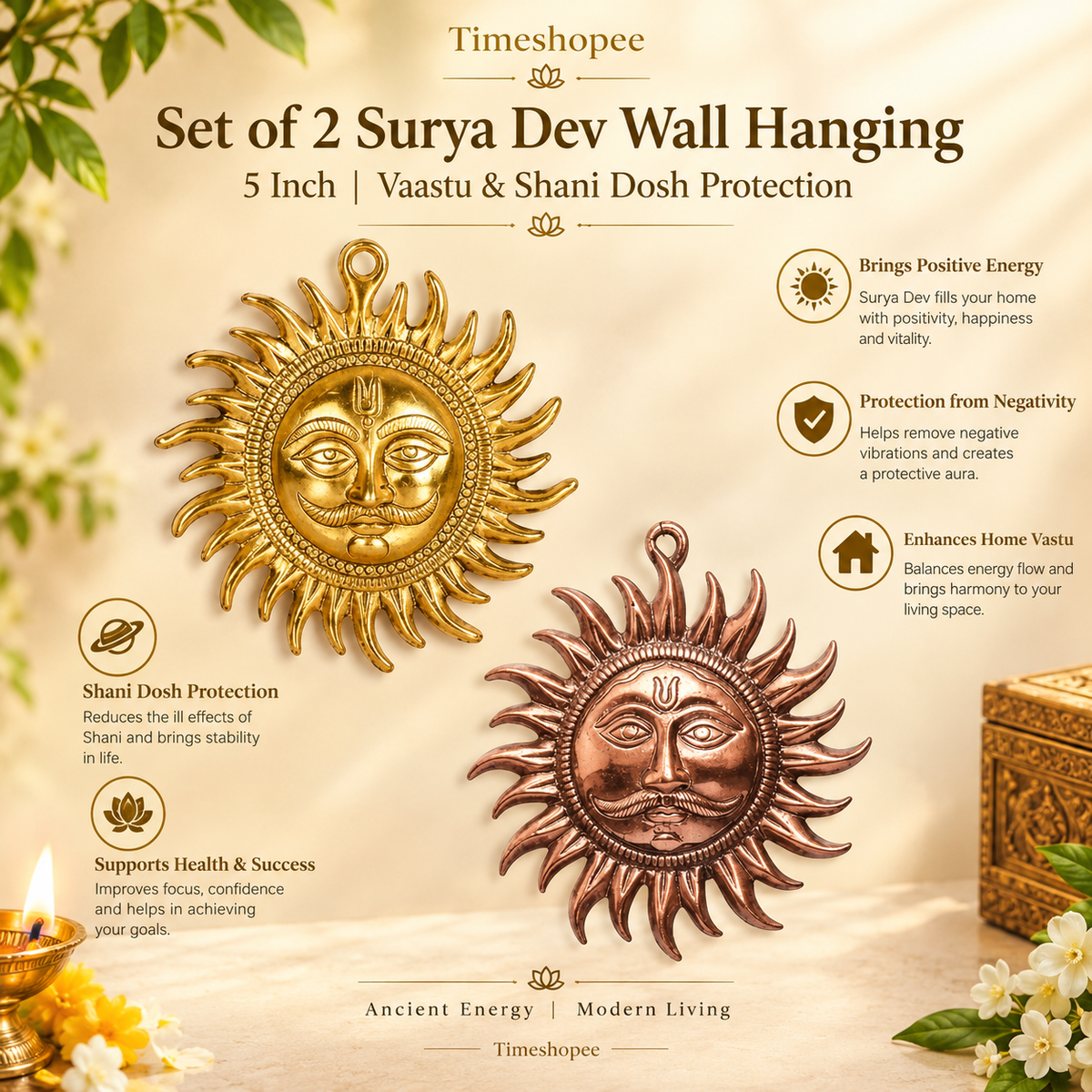 A pure brass wall hanging sun, symbolizing strength and positivity, available in small (5 inch) and big (7 inch) sizes to protect from Vaastu Dosh and Shani Dosh.
