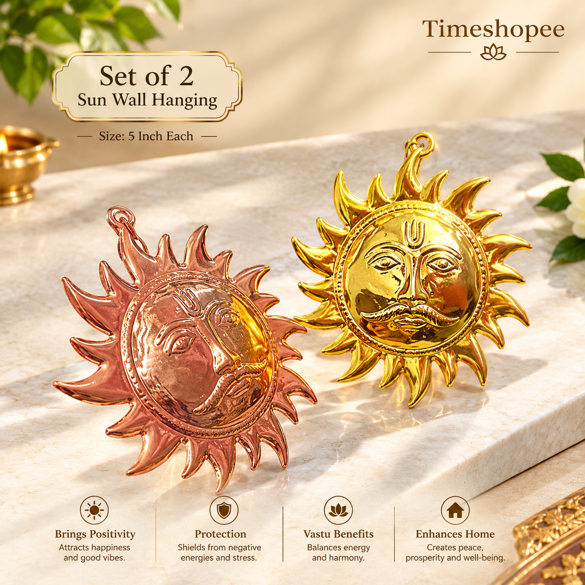 A pure brass wall hanging sun, symbolizing strength and positivity, available in small (5 inch) and big (7 inch) sizes to protect from Vaastu Dosh and Shani Dosh.