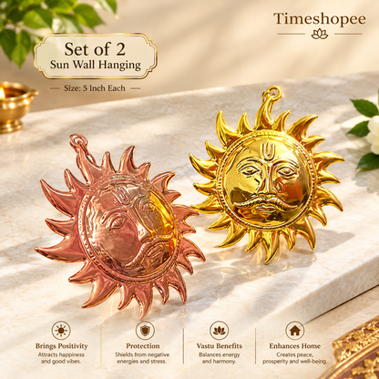 A pure brass wall hanging sun, symbolizing strength and positivity, available in small (5 inch) and big (7 inch) sizes to protect from Vaastu Dosh and Shani Dosh.