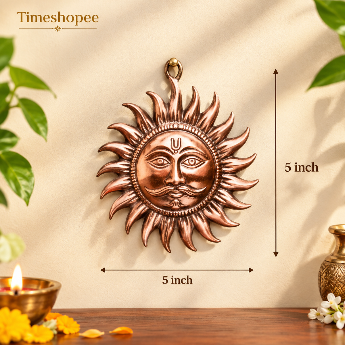 A pure copper wall hanging sun, symbolizing strength and positivity, available in small (5 inch) and big (7 inch) sizes to protect from Vaastu Dosh and Shani Dosh.