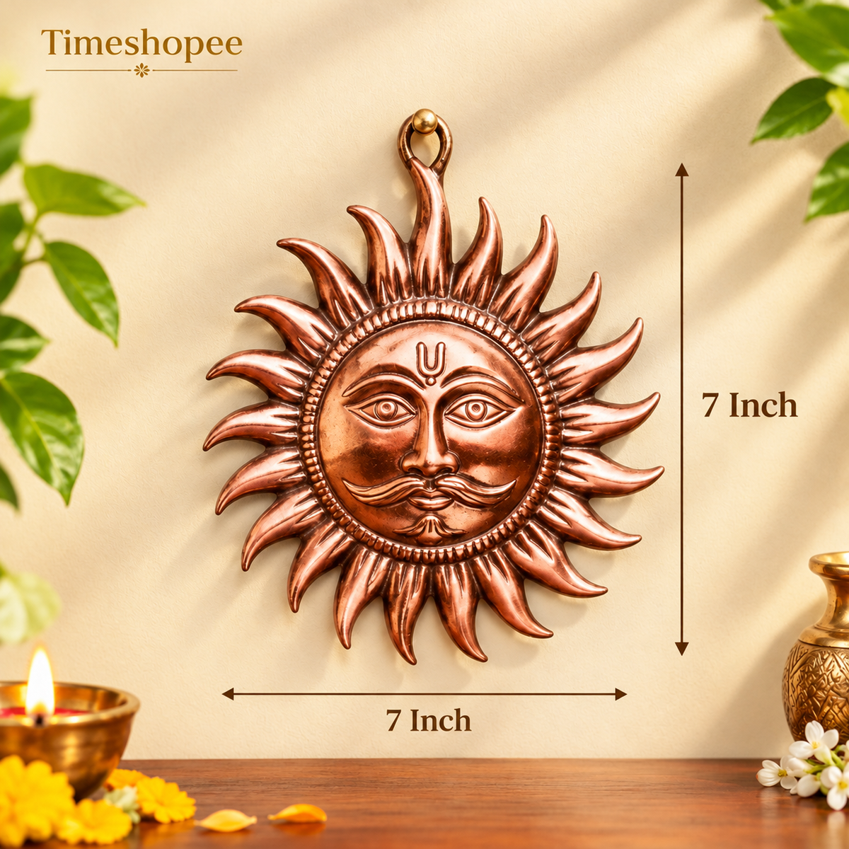 A pure copper wall hanging sun, symbolizing strength and positivity, available in small (5 inch) and big (7 inch) sizes to protect from Vaastu Dosh and Shani Dosh.