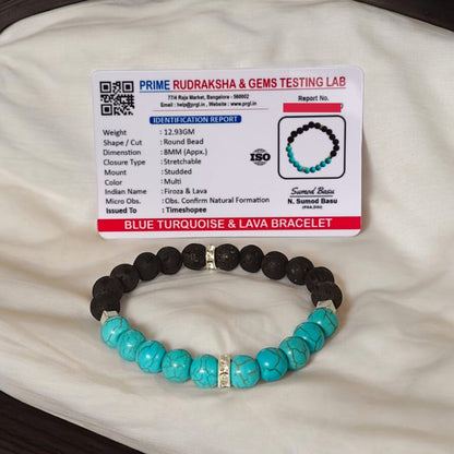 A beautiful Blue Turquoise & Lava Bracelet with 8MM lab-certified beads, stretchable for comfort, combining the healing properties of Turquoise and Lava stones.