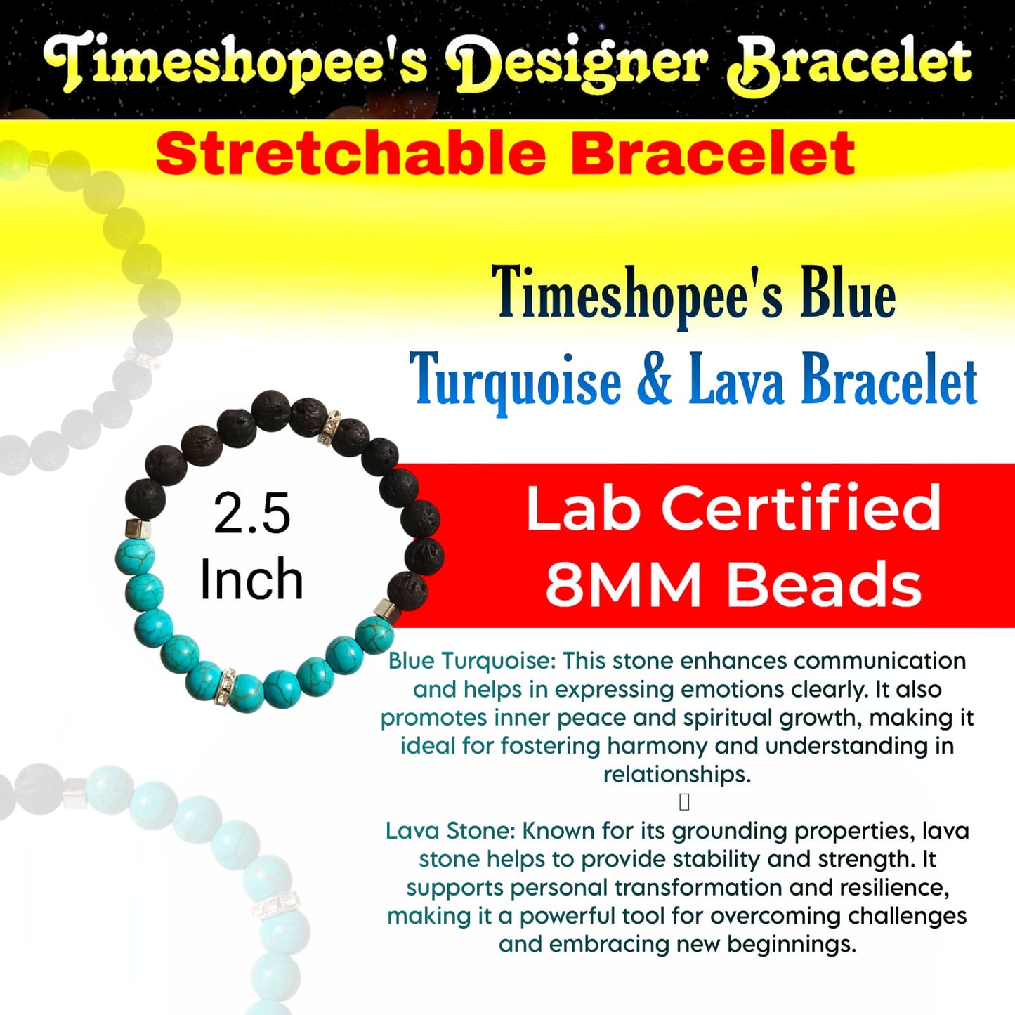 A beautiful Blue Turquoise & Lava Bracelet with 8MM lab-certified beads, stretchable for comfort, combining the healing properties of Turquoise and Lava stones.