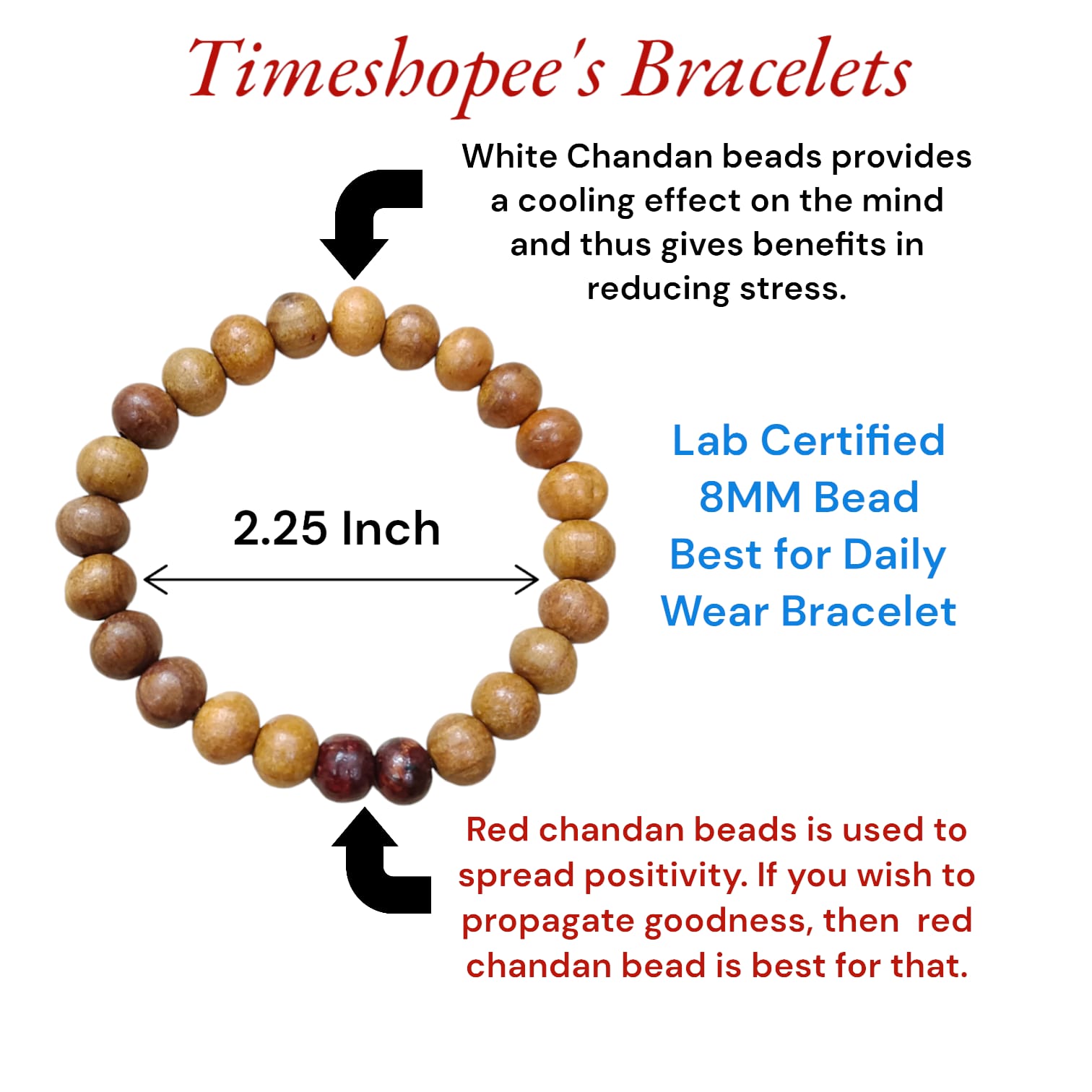 A beautiful Red & White Sandalwood Bracelet with 8MM lab-certified beads, showcasing its elegant design and spiritual significance.