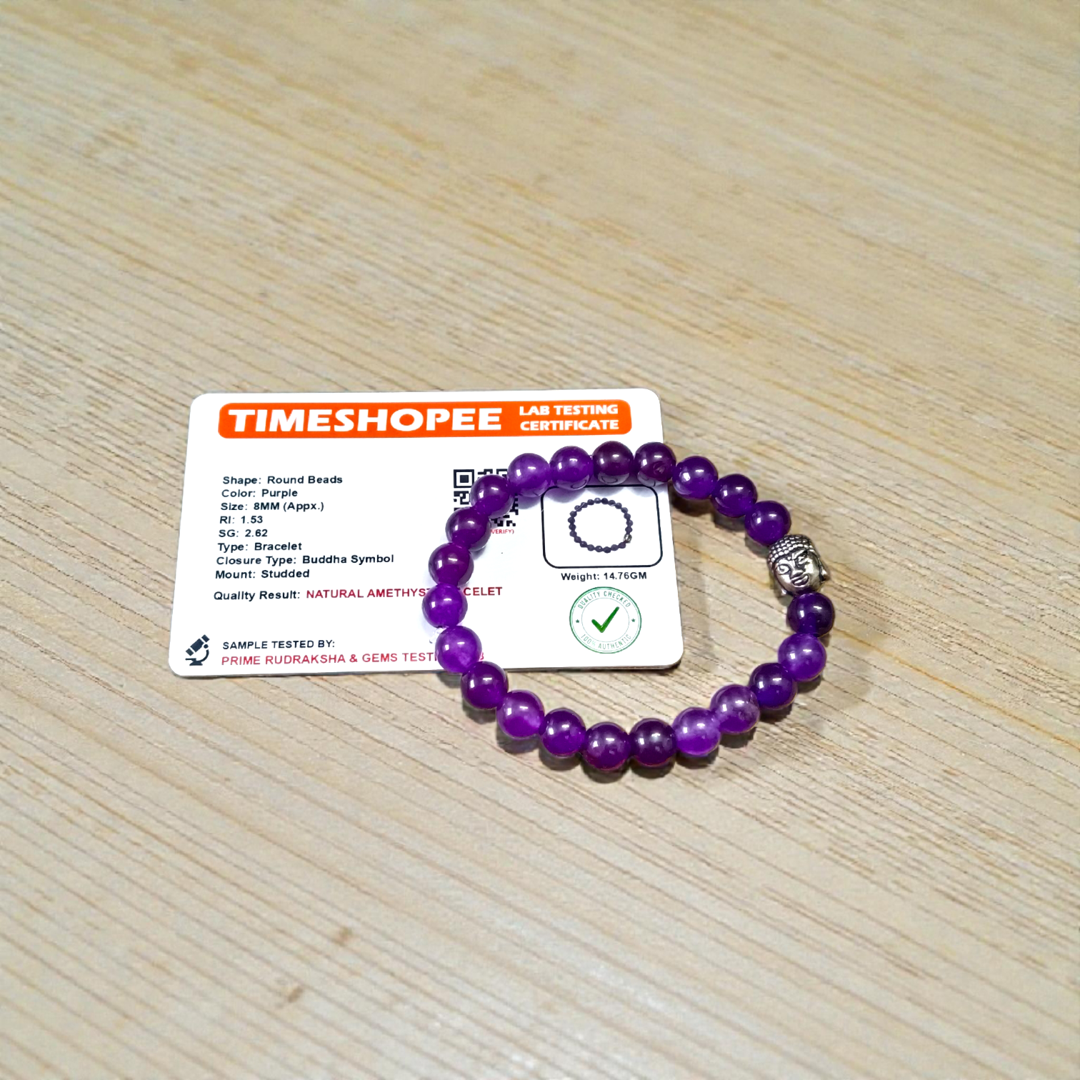 Amethyst bracelet with 8MM beads, showcasing its elegant design and lab certification