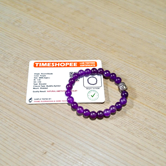 Amethyst bracelet with 8MM beads, showcasing its elegant design and lab certification