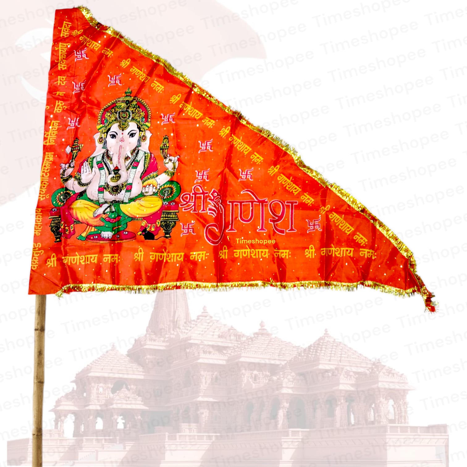 An orange and yellow Ganesh Ji Jhanda featuring Lord Ganesh, available in various sizes for home, office, and temple display.
