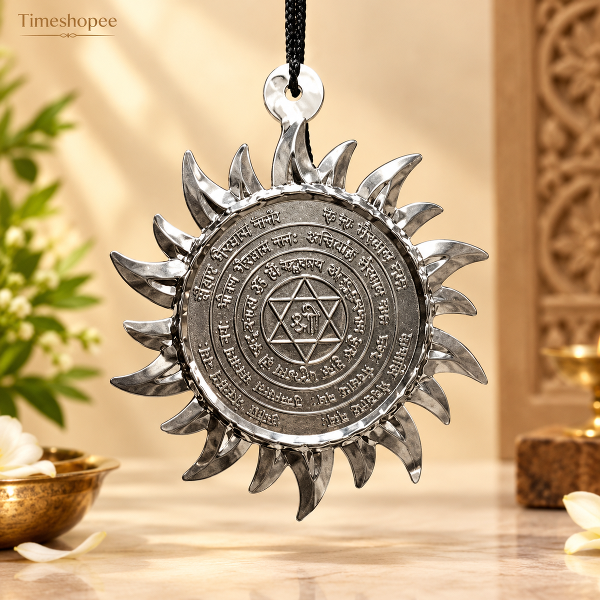 Ashtbhairav Yantra with black thread, featuring detailed depictions of eight Bhairavas, designed for hanging in home or office for protection and positive energy.