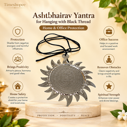 Ashtbhairav Yantra with black thread, featuring detailed depictions of eight Bhairavas, designed for hanging in home or office for protection and positive energy.