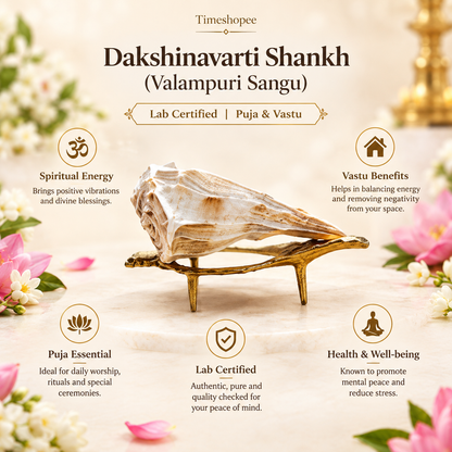 Authentic Dakshinavarti Shankh (Valampuri Sangu) - Right-handed sacred conch shell for Lakshmi pooja and vastu use