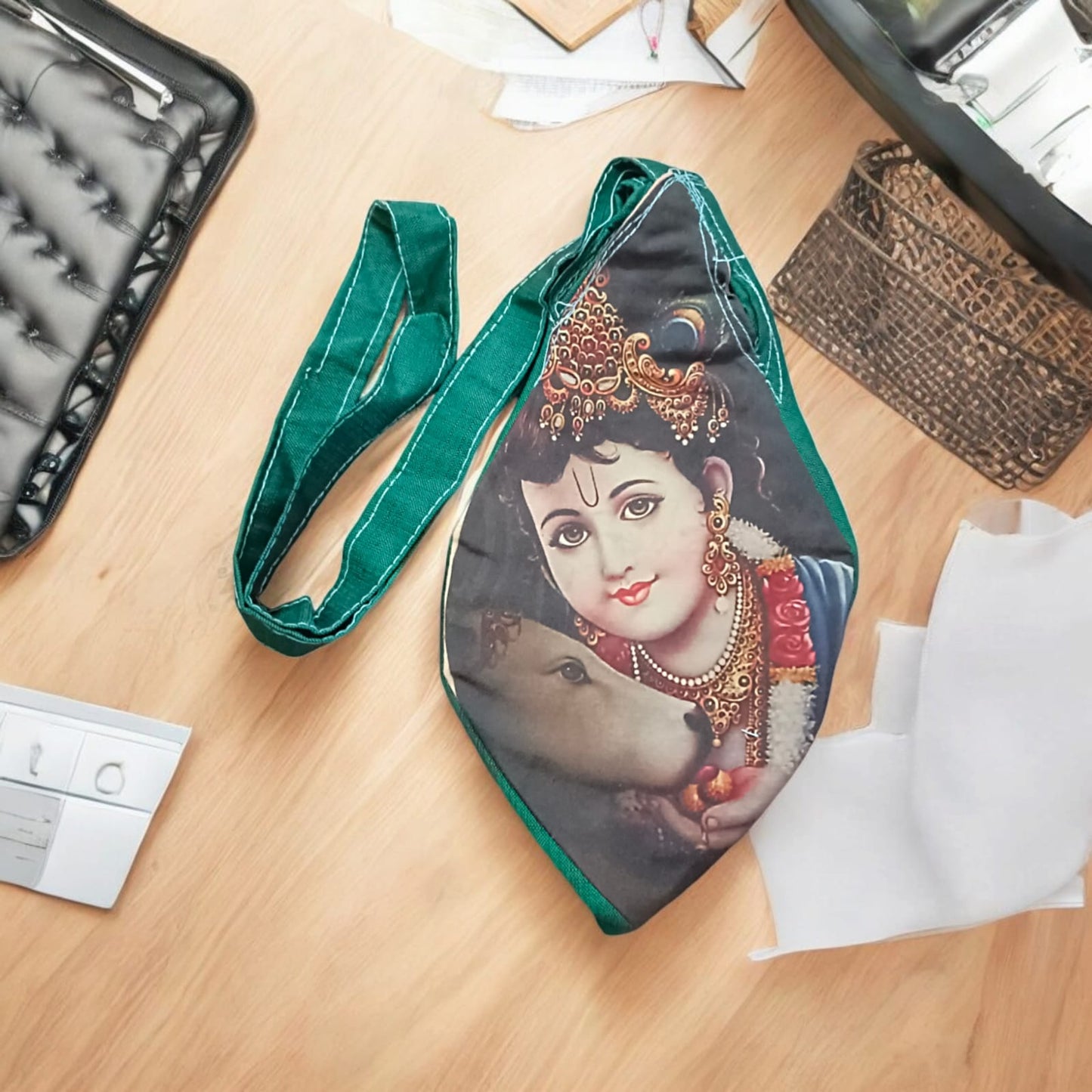 Bal Gopal Cotton Japa Mala Bag with photo-printed Gomukhi design, dimensions 25.4 x 12.7 x 2.5 cm, lightweight and available at Timeshopee.