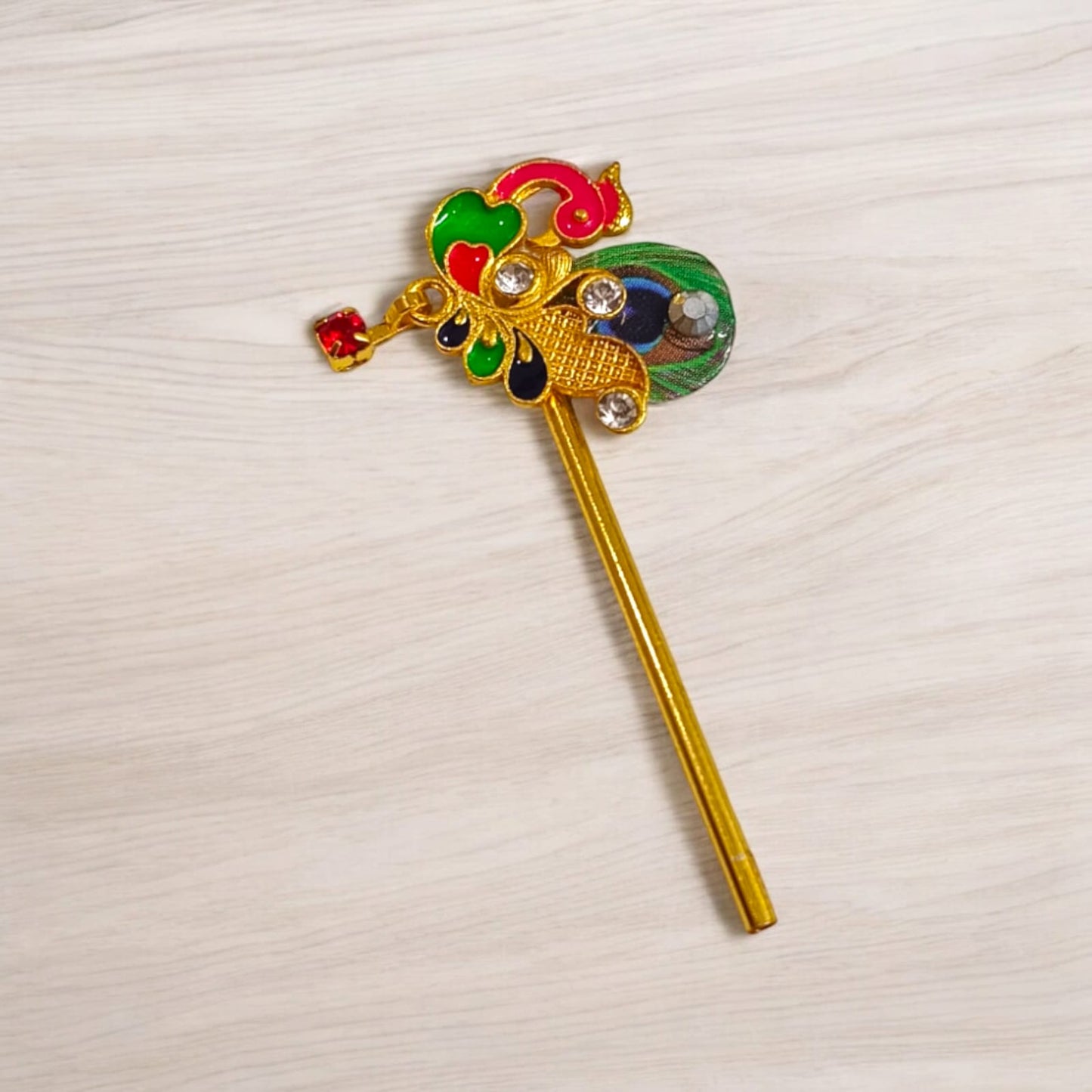 Beautiful 14mm Laddu Gopal bansuri with peacock and zircon design, a divine flute accessory for Krishna Ji idol, perfect for festival decor and daily worship.