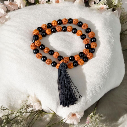 Black Agate & Rudraksha Mala 54+1 Beads – Lab Certified 8mm