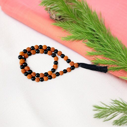 Black Agate & Rudraksha Mala 54+1 Beads – Lab Certified 8mm