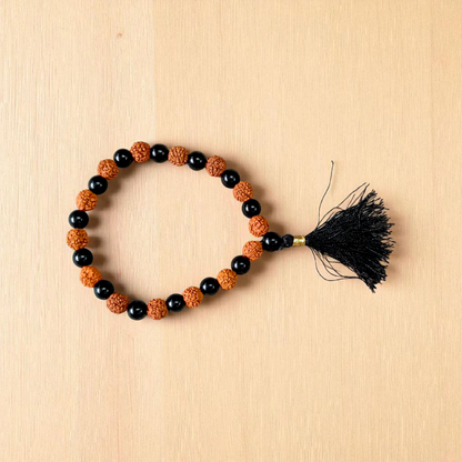 Black Agate and Rudraksha Mala with 8mm certified beads, used for meditation and spiritual practices