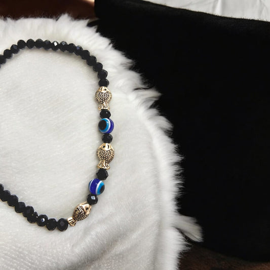 Black Crystal Beads Anklet with Evil Eye and Fish Symbol for Unisex