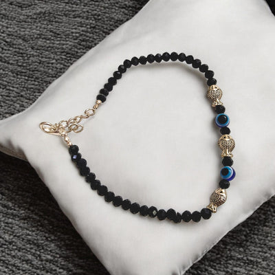 Black Crystal Beads Anklet with Evil Eye & Fish Symbol – Unisex – Timeshopee