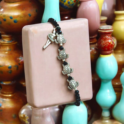 Black Crystal Beads Anklet with Evil Eye and Tortoise Symbol for Unisex