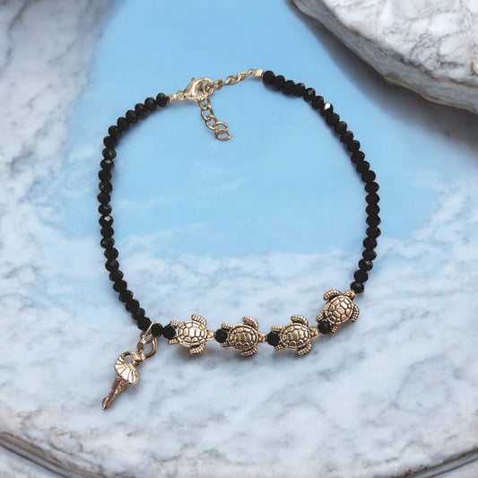 Black Crystal Beads Anklet with Evil Eye and Tortoise Symbol for Unisex