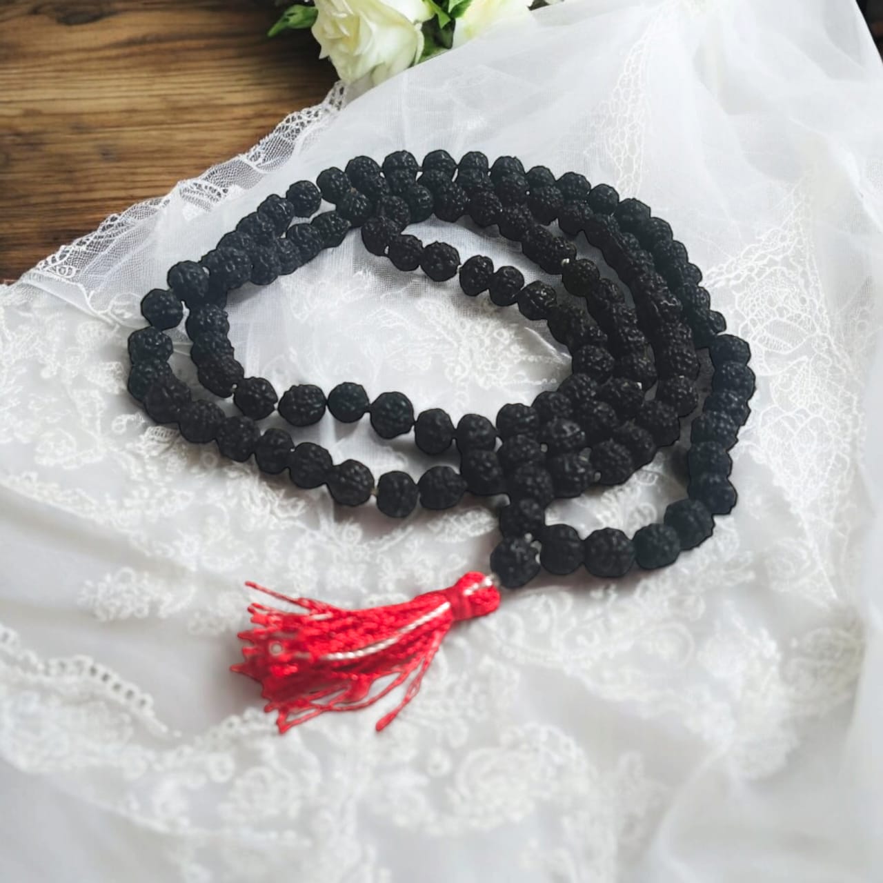 Black Rudraksh Mala - 5 Mukhi Lab Certified with 108+1 Beads, Timeshopee