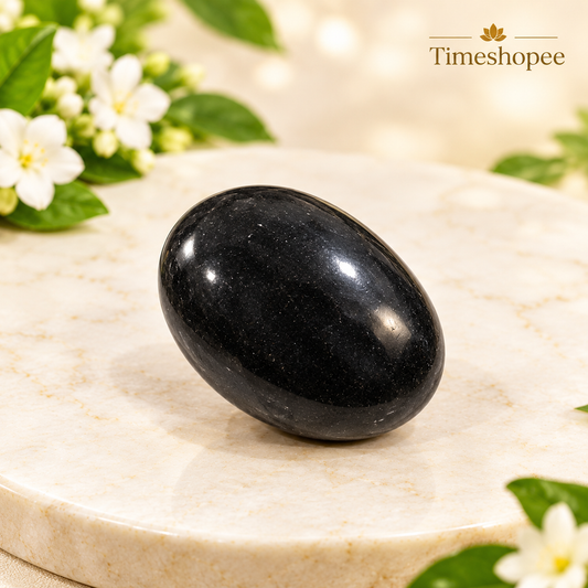 Black Shivling Stone for Tulsi and temple use, symbolizing strength and divine energy with unique natural patterns.