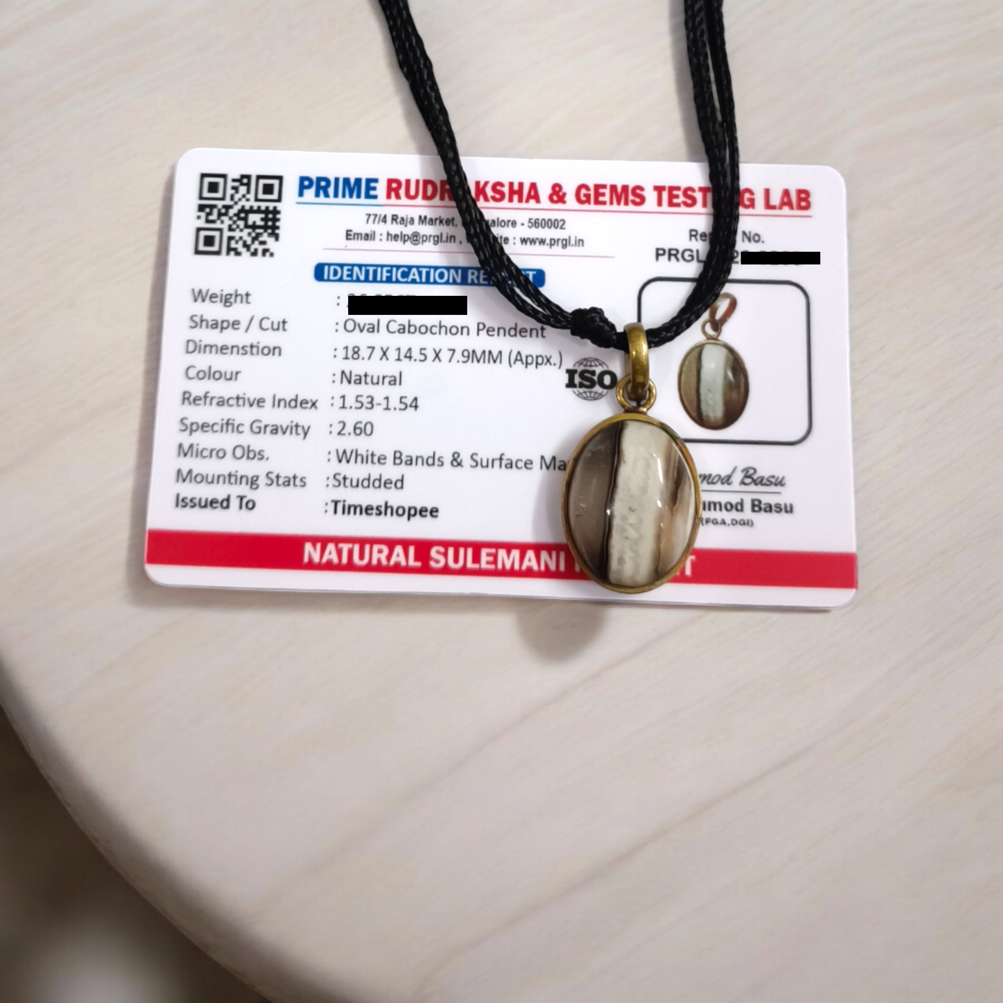 Black Sulemani Hakik Pendant with Black Thread and Lab Certification