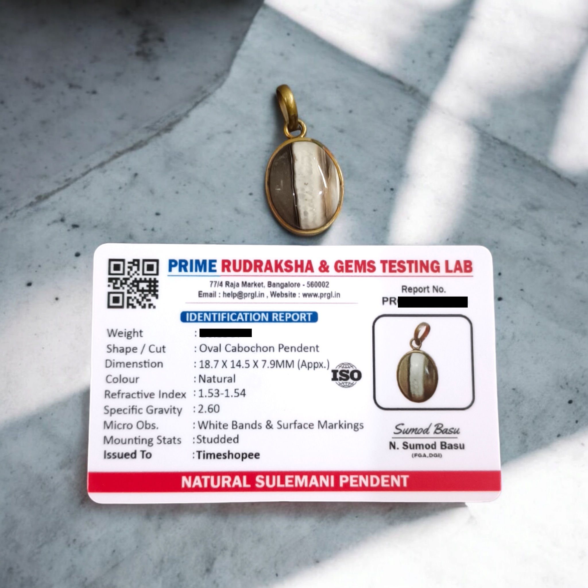 Black Sulemani Hakik Pendant with Black Thread and Lab Certification