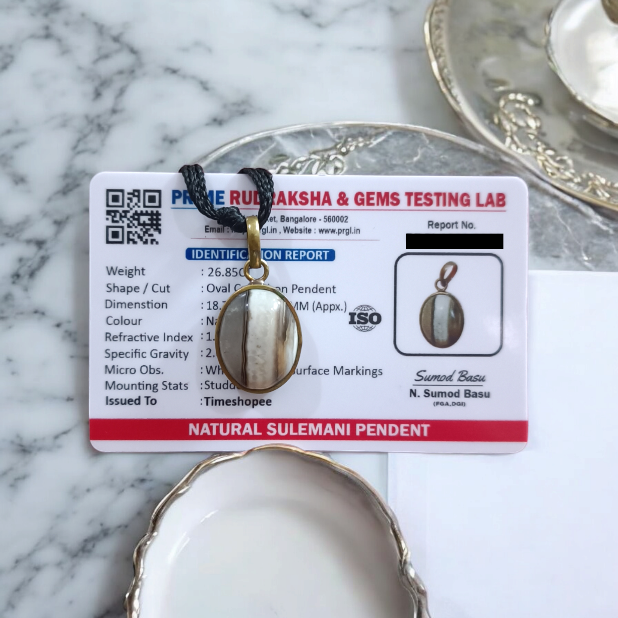 Black Sulemani Hakik Pendant with Black Thread and Lab Certification