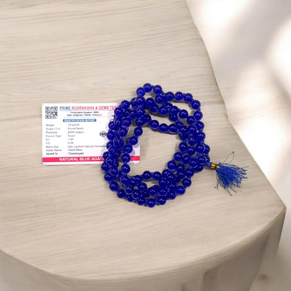 Blue Agate Mala 108+1 Beads 8MM Lab Certified Neela Hakik Mala for Rahu Shani Protection Meditation Healing Timeshopee