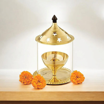 Brass Akhand Jyot with Borosilicate Glass for Desi Ghee Pooja Diya