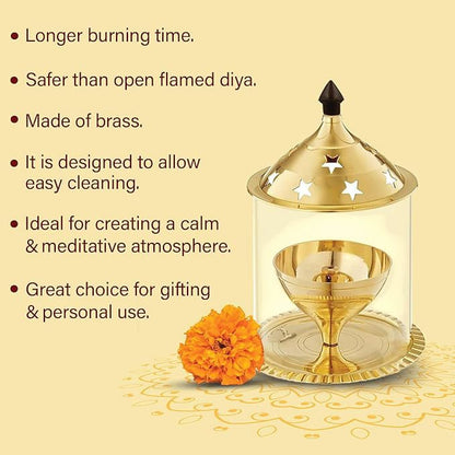 Brass Akhand Jyot with borosilicate glass, available in two sizes, designed for burning desi ghee, with a protective glass cover for steady flame.