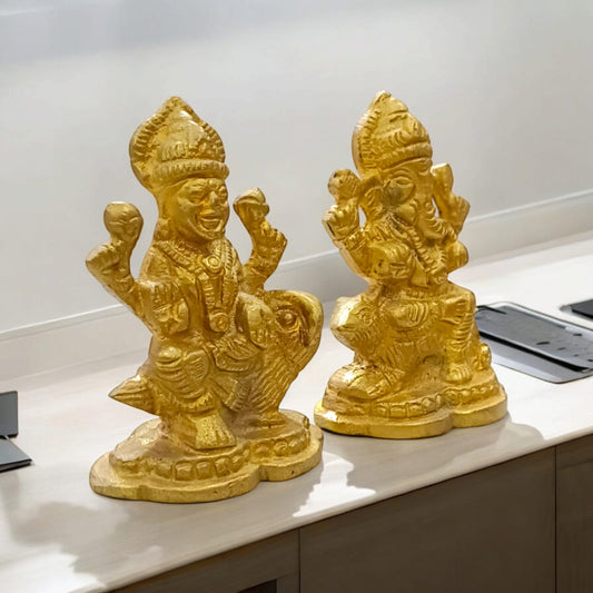 Brass Lakshmi Ganesh Idol Set - Separate Murtis of Maa Lakshmi on Owl & Ganesh Ji on Mouse by Timeshopee-Online Religious Store