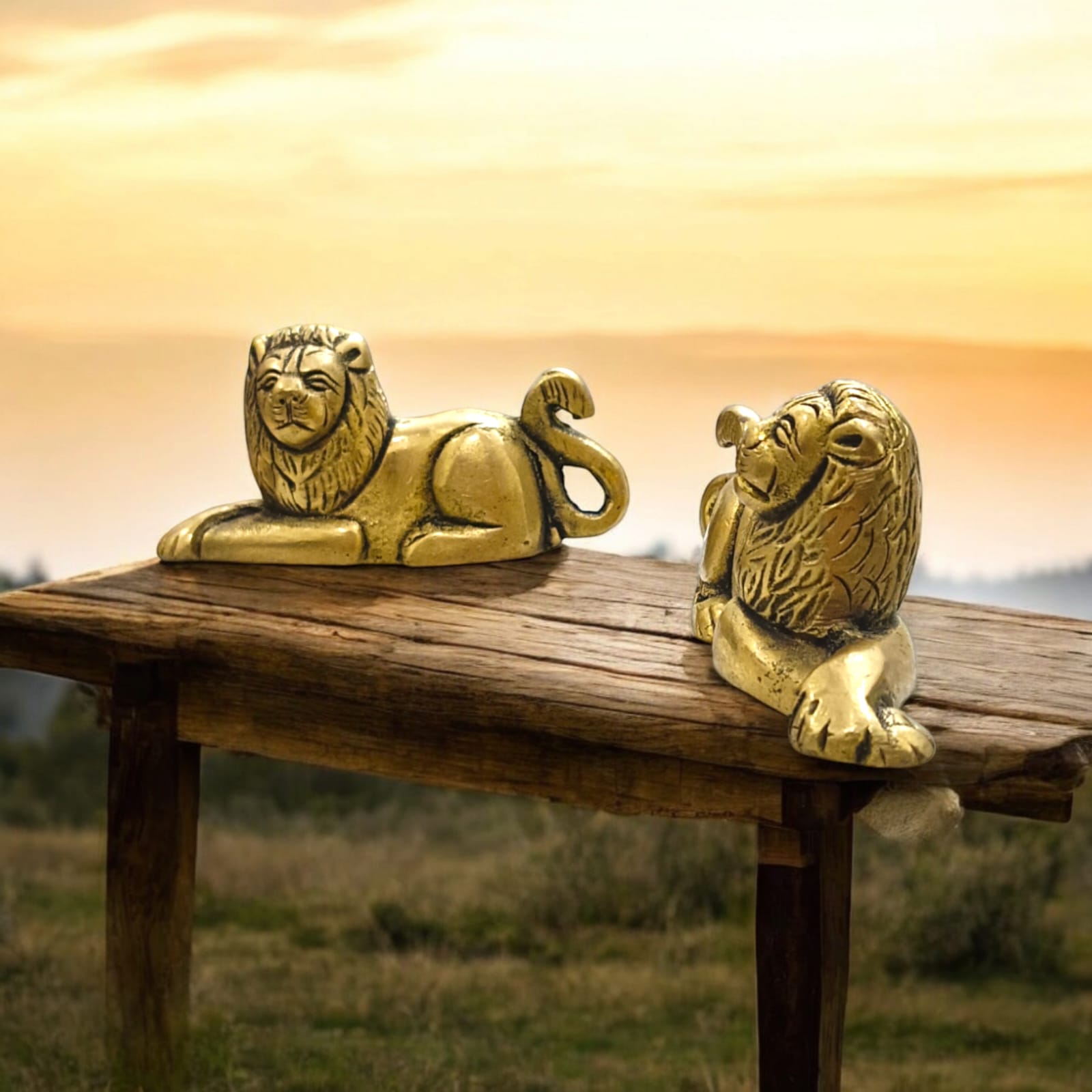 Brass Lion Idol Combo Set - Mirror-Positioned Lions for Office or Temple by Timeshopee-Online Religious Store