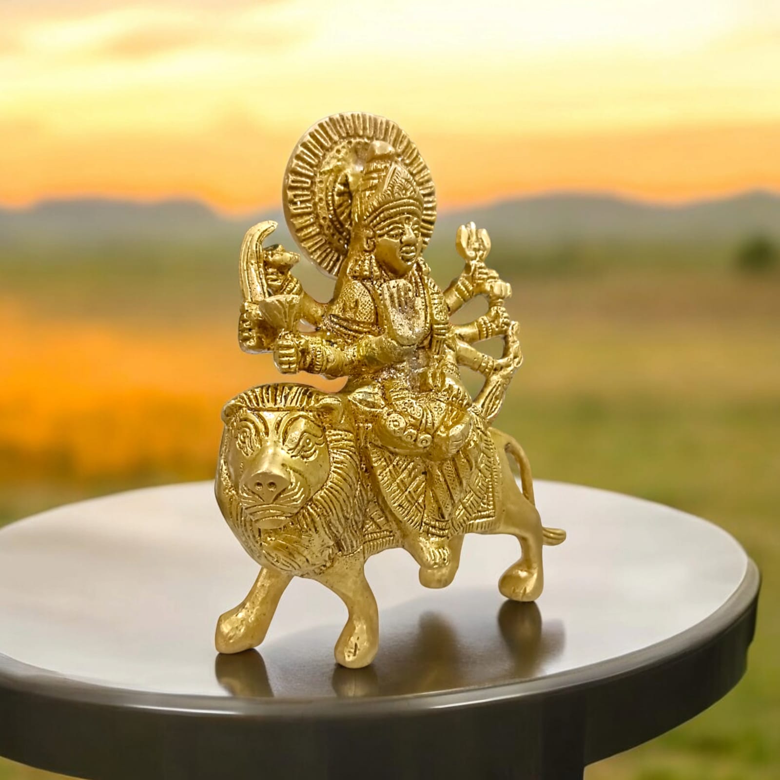 Brass Maa Durga Idol - Sherawali Mata Brass Statue with 14 cm Height by Timeshopee-Online Religious Store