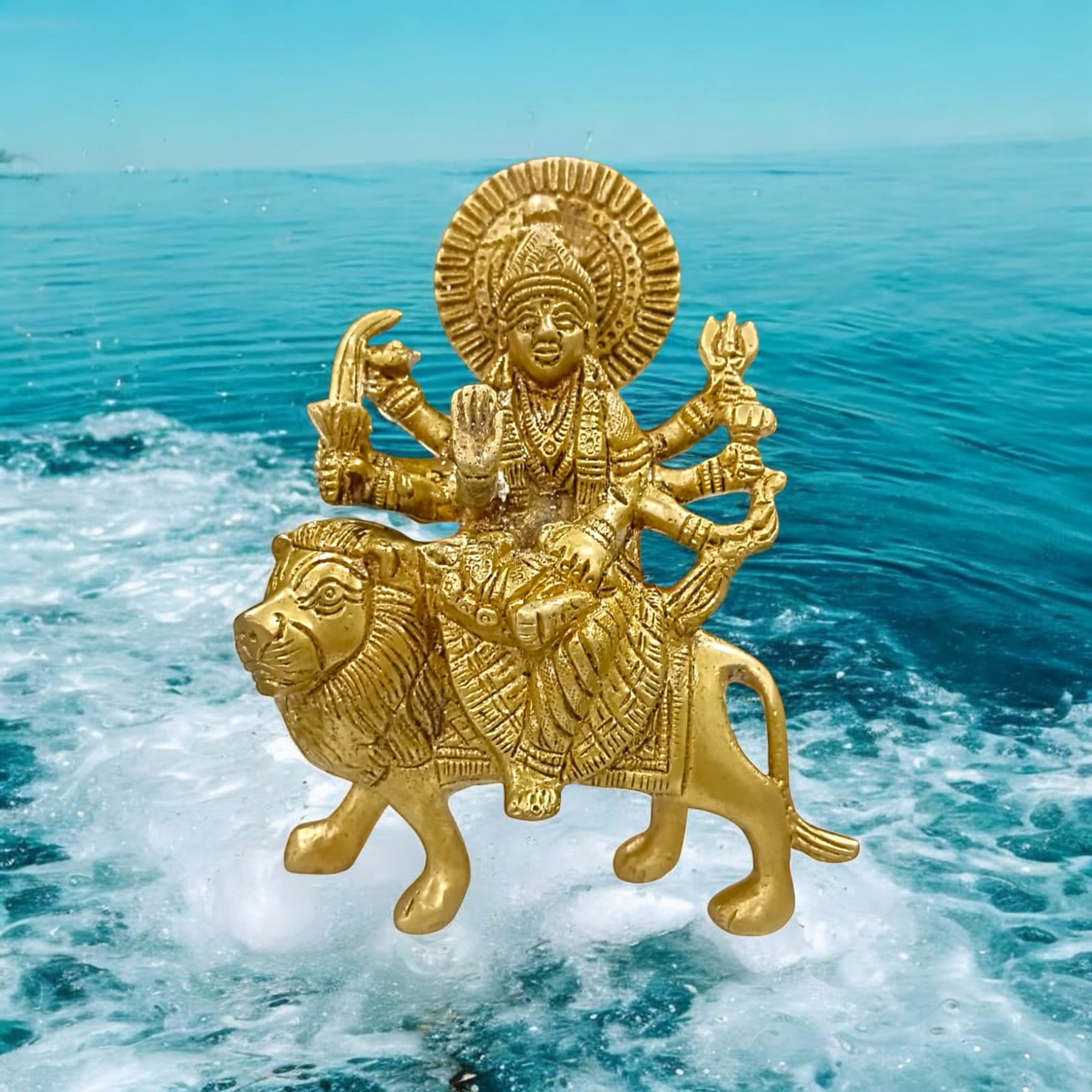 Brass Maa Durga Idol - Sherawali Mata Brass Statue with 14 cm Height by Timeshopee-Online Religious Store