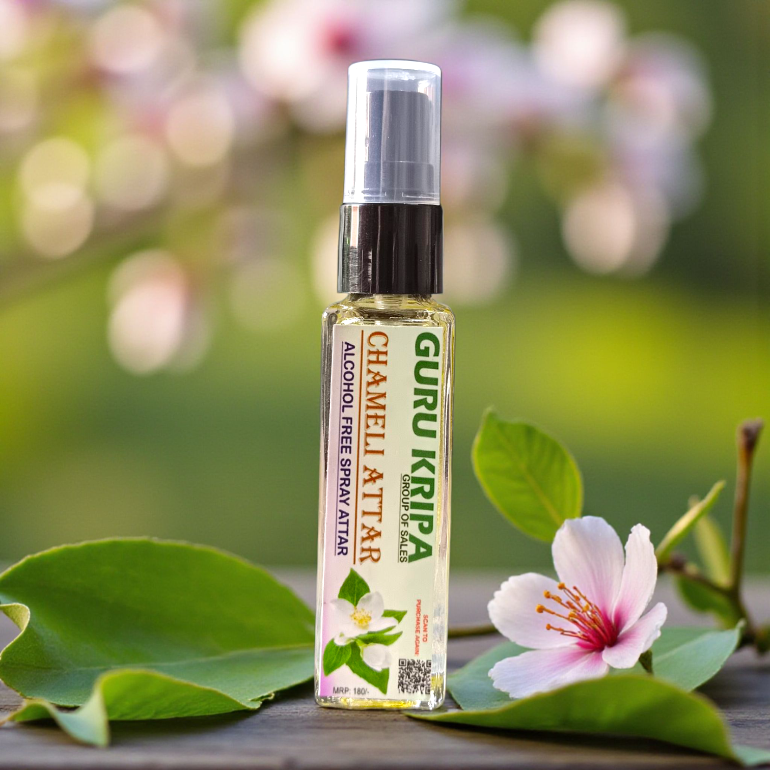 Chameli Spray Attar bottle with 25ML capacity, featuring a floral jasmine scent, 0% alcohol for Hanuman Ji worship