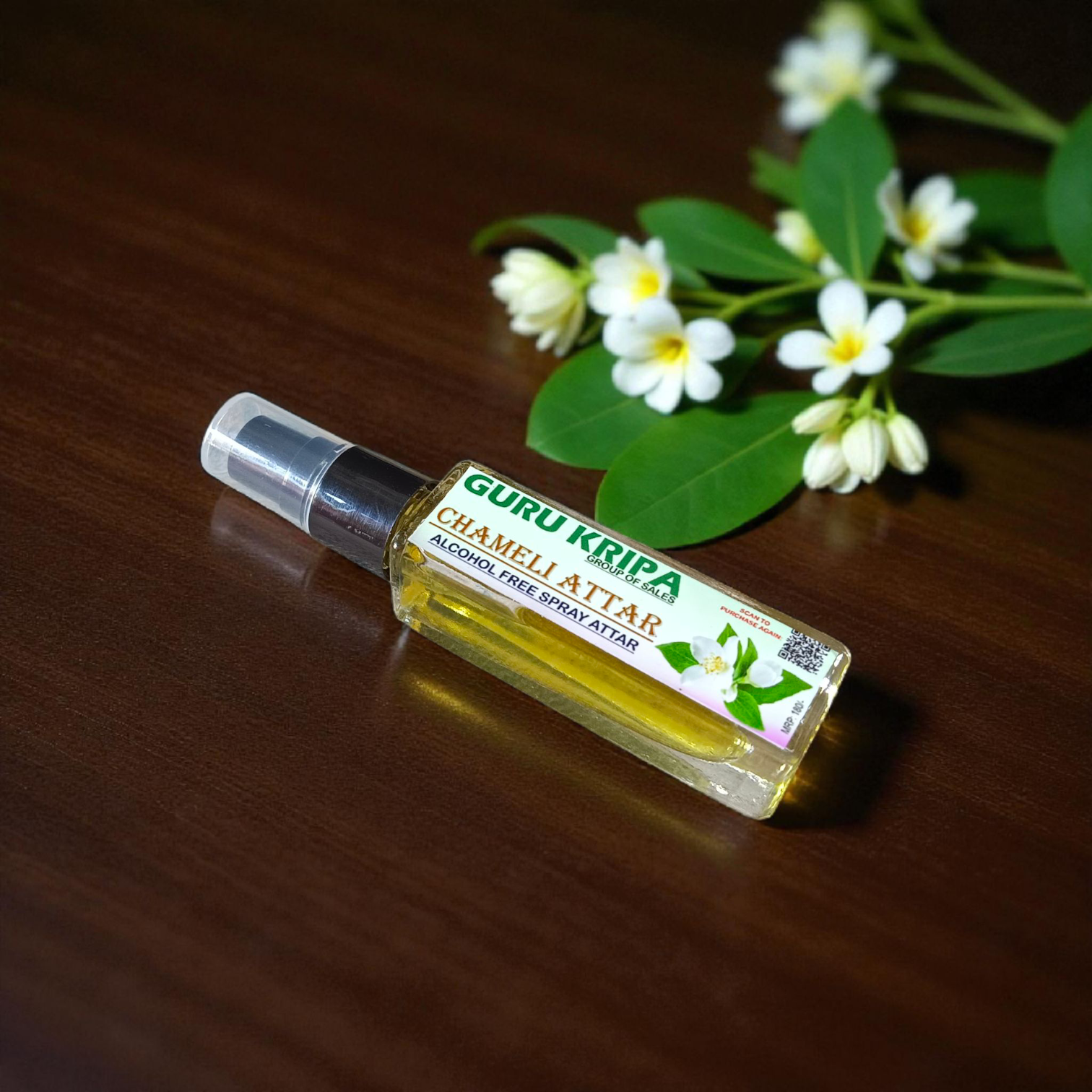 Chameli Spray Attar bottle with 25ML capacity, featuring a floral jasmine scent, 0% alcohol for Hanuman Ji worship