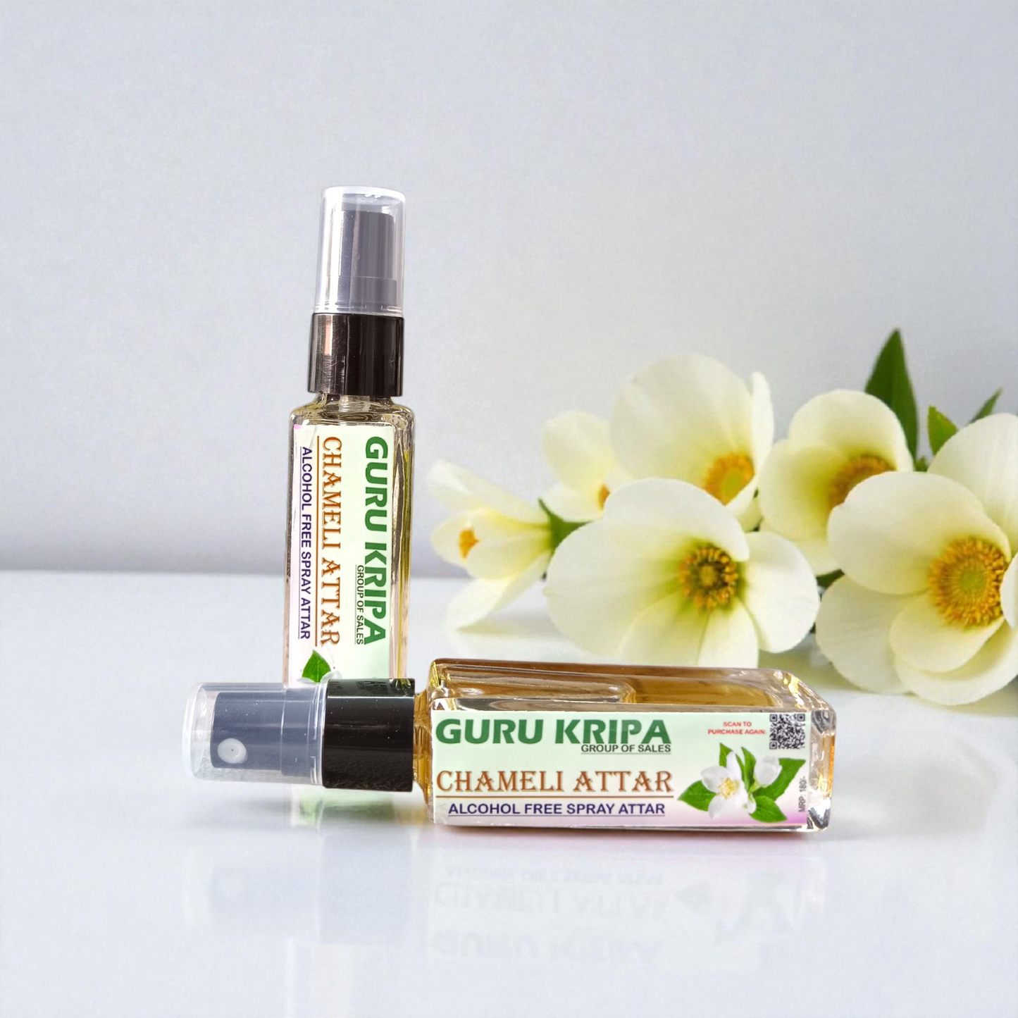 Chameli Spray Attar bottle with 25ML capacity, featuring a floral jasmine scent, 0% alcohol for Hanuman Ji worship