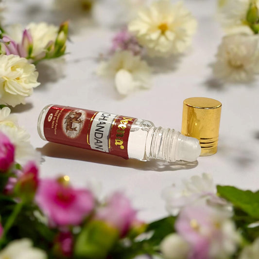 Chandan Attar 8ml roll-on bottle by Veena - Alcohol-free premium perfume for daily use and worship by Timeshopee
