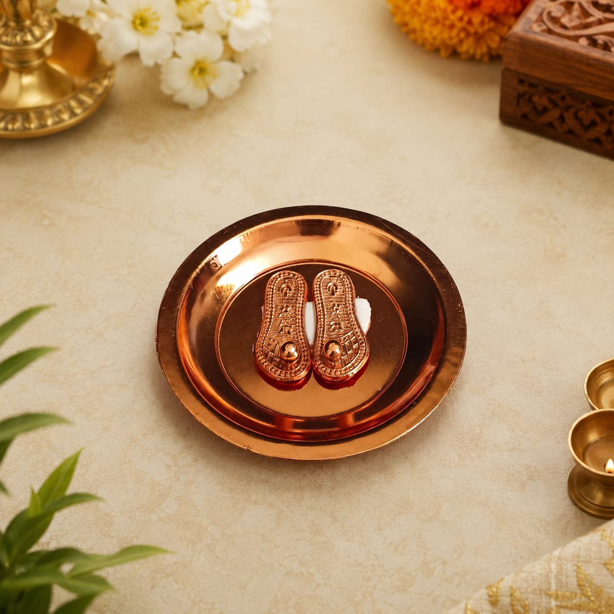 Charan Paduka in Copper with Plate | Bhagwan Ji Ke Charan | Pure Copper
