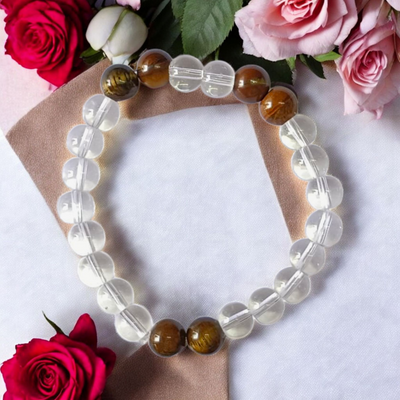 Clear Quartz & Tiger Eye Healing Bracelet 8MM Stretchable Lab Certified