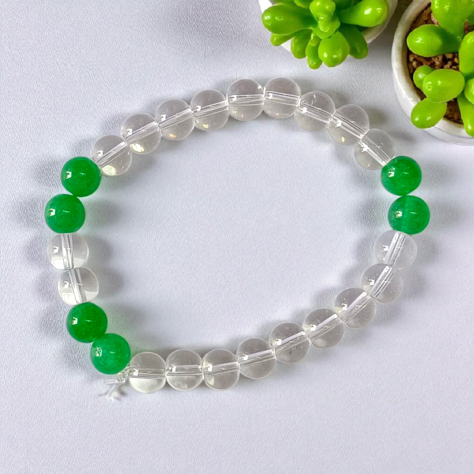 Clear Quartz and Green Aventurine 8MM Crystal Healing Bracelet Lab Certified Stretchable Bracelet for Prosperity Positivity and Energy Balance