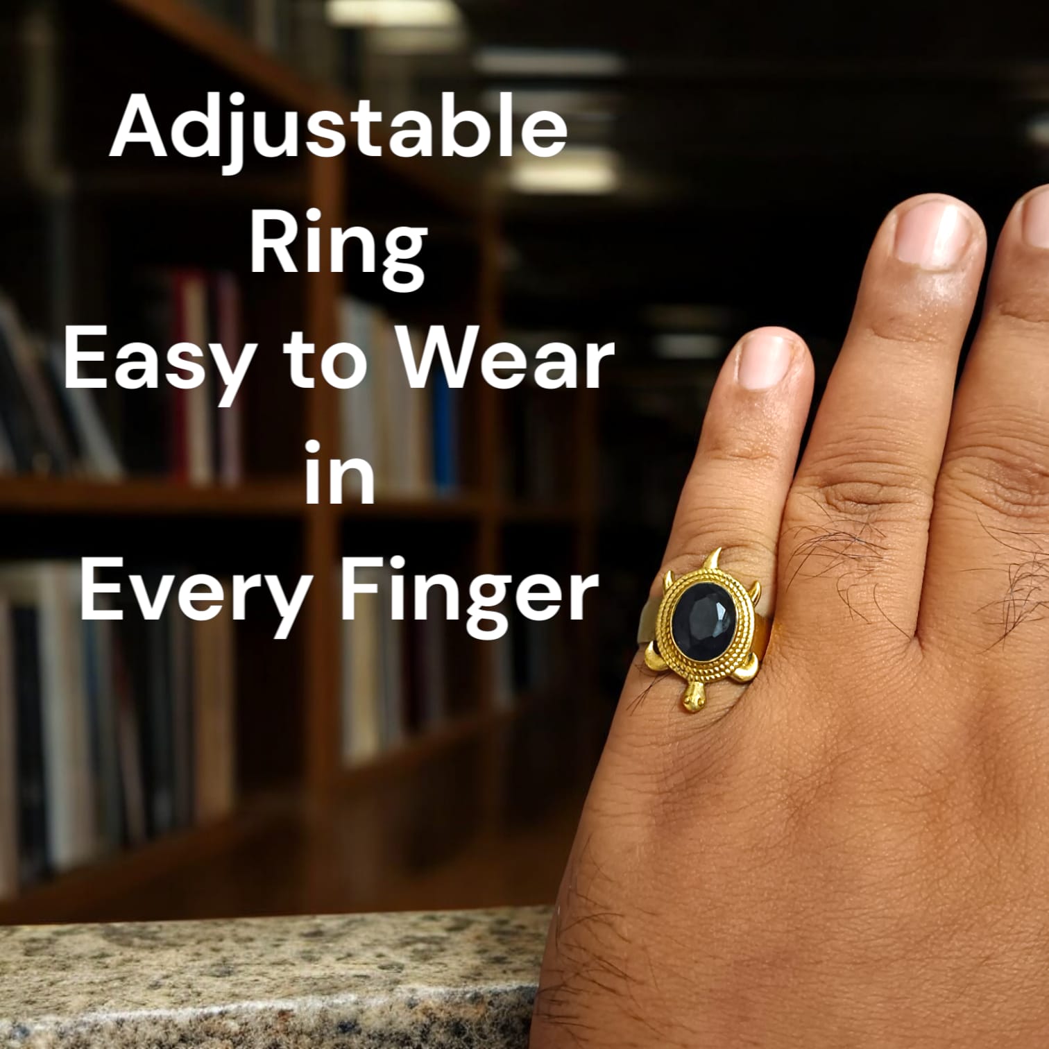 Close-up image of the Kachua Neelam Ring, showcasing a deep blue Neelam gemstone set in a tortoise-shaped design, made from Ashtdhatu. The ring is adjustable and suitable for men and women.