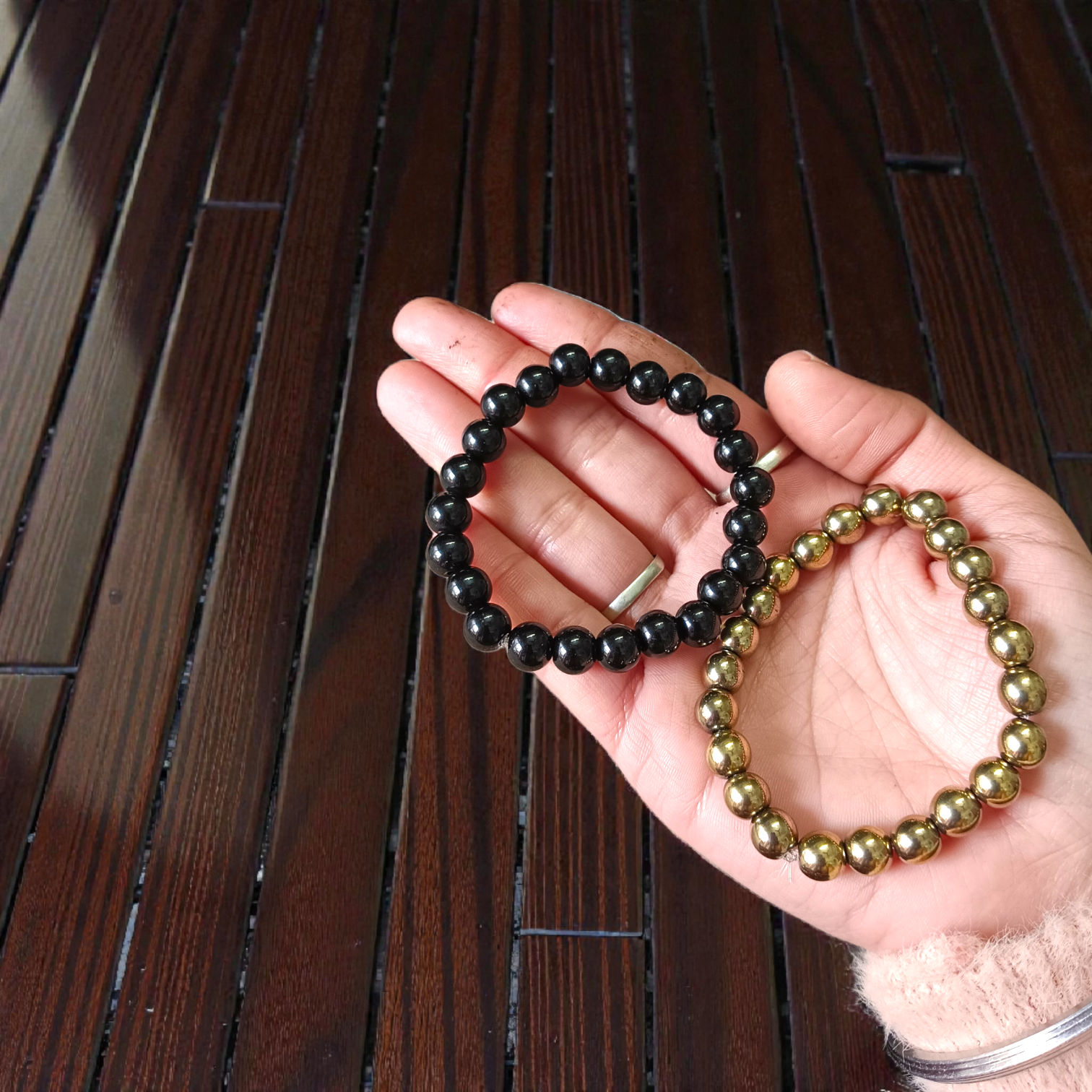 Combo of Golden Pyrite and Black Obsidian Bracelet with 8MM lab-certified beads, stretchable design for spiritual growth and protection