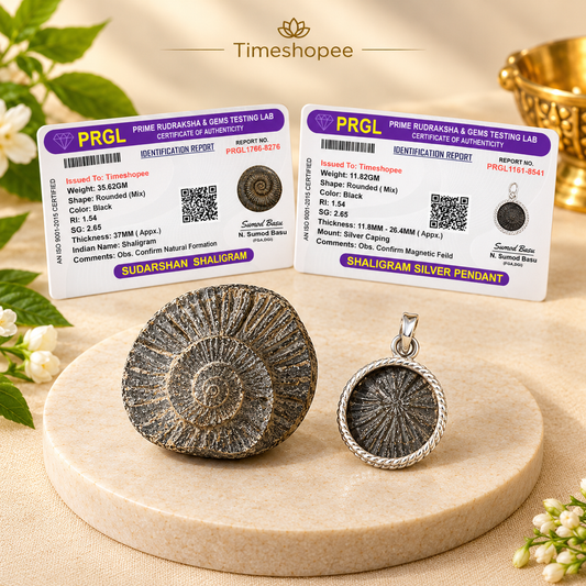 Combo of Sudarshan Shaligram and Shaligram Pendant – lab-certified spiritual set for meditation, puja, and divine protection