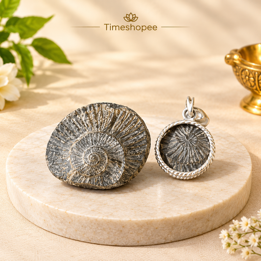 Combo of Sudarshan Shaligram and Shaligram Pendant – lab-certified spiritual set for meditation, puja, and divine protection