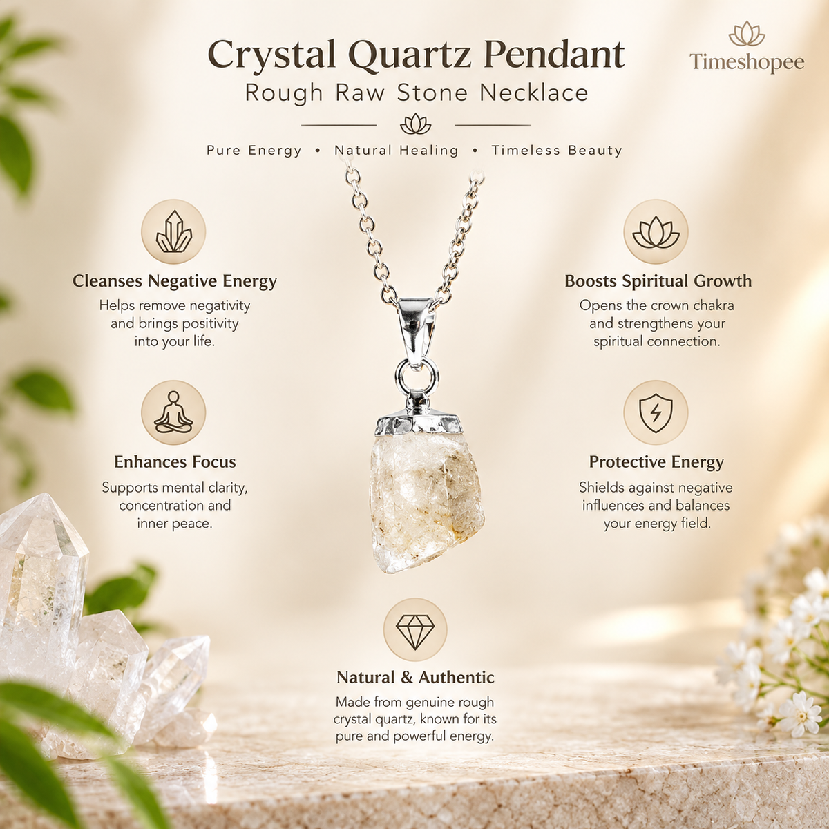 Crystal Quartz Pendant Rough Raw Stone with Chain, Lab Certified, available at Timeshopee