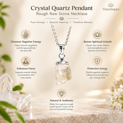 Crystal Quartz Pendant Rough Raw Stone with Chain, Lab Certified, available at Timeshopee