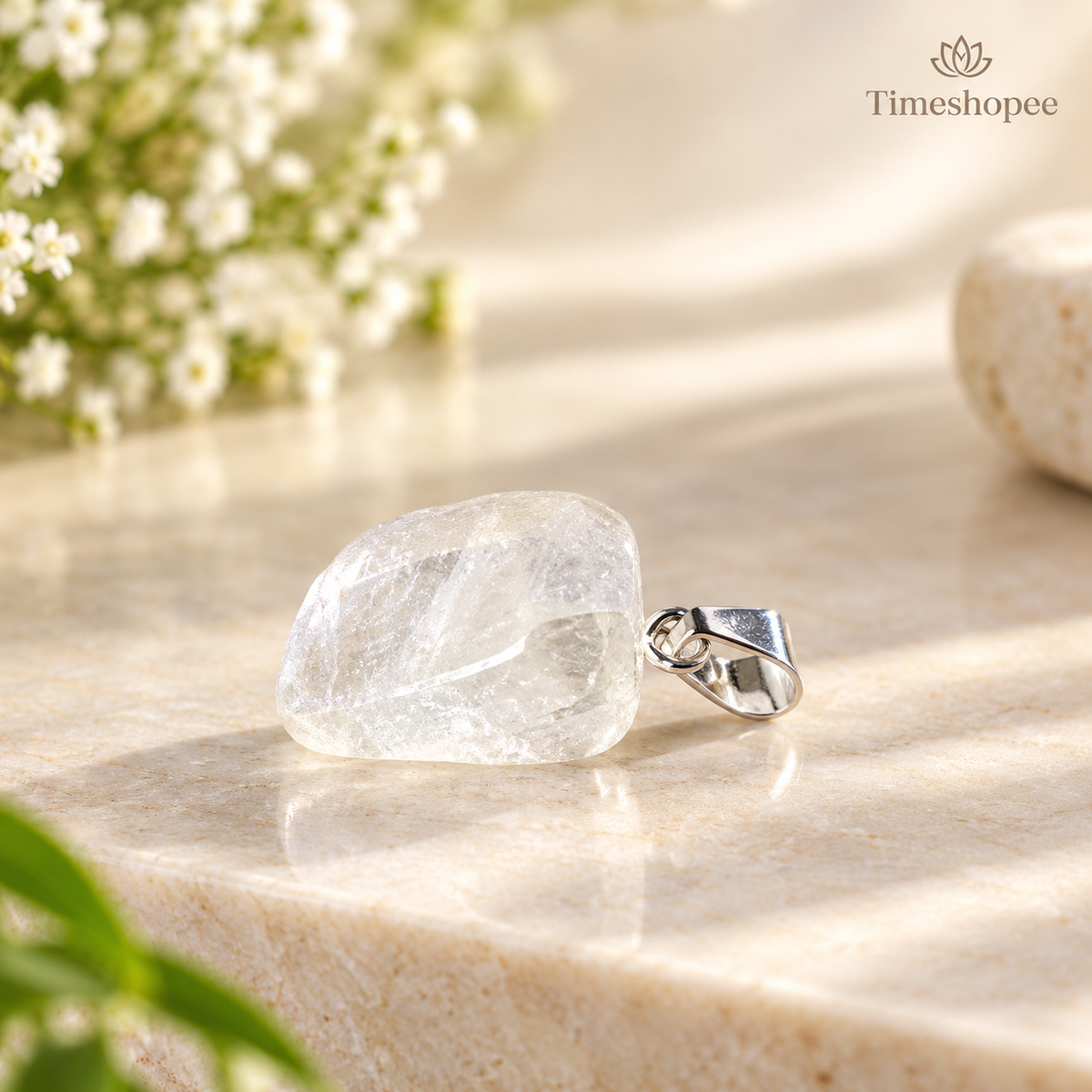 Crystal Quartz Pendant Rough Raw Stone with Chain, Lab Certified, available at Timeshopee